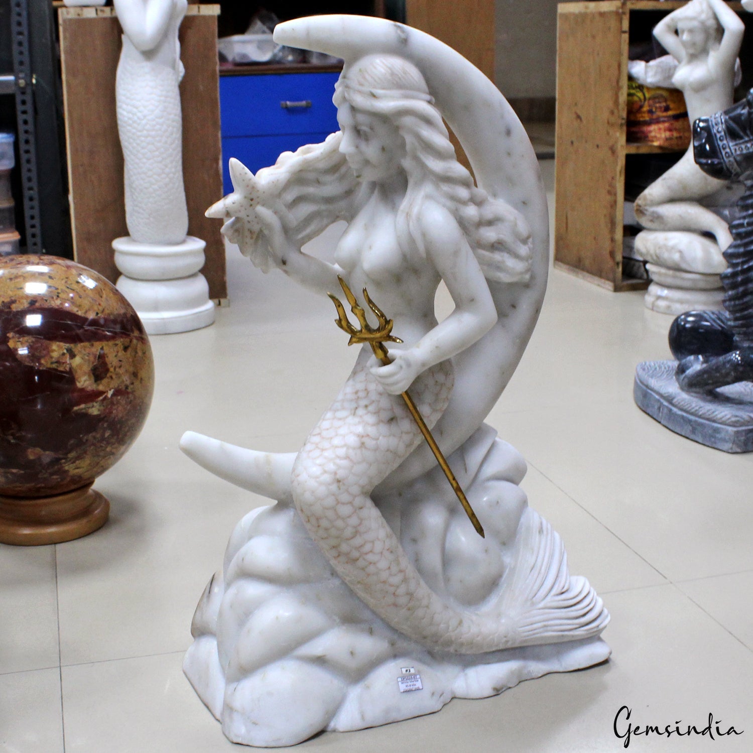 Beautiful Large White Marble Mermaid On The Moon Statue 22" tall Sculpture
