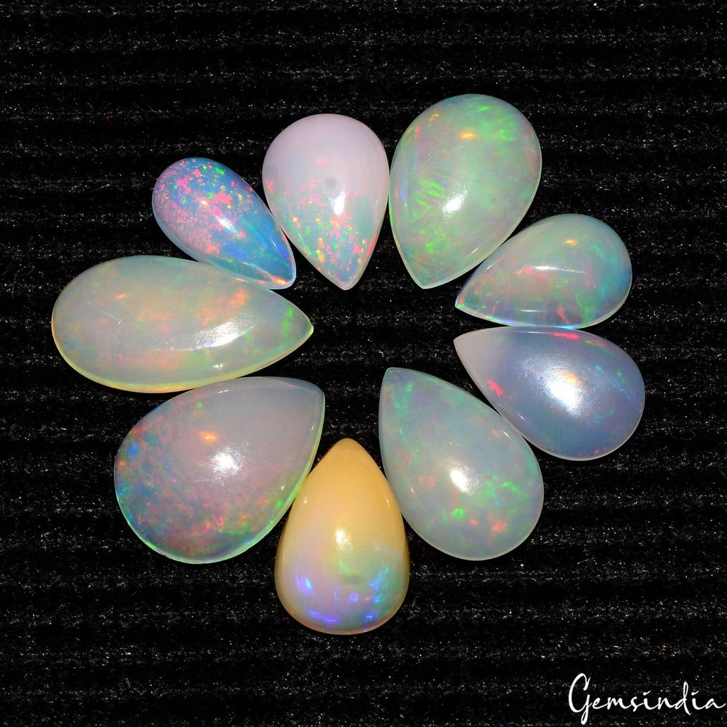 Pear Cab Natural AAA Rainbow Fire Ethiopian Opal 7.45Ct Loose Gemstones 7-12mm