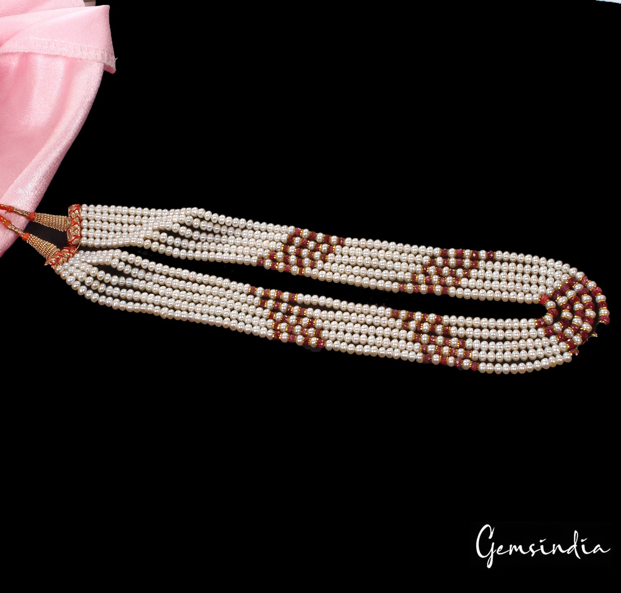 320 Ct Freshwater Pearl & Red Ruby Round Cab Beaded 5 strand Adjustable Necklace