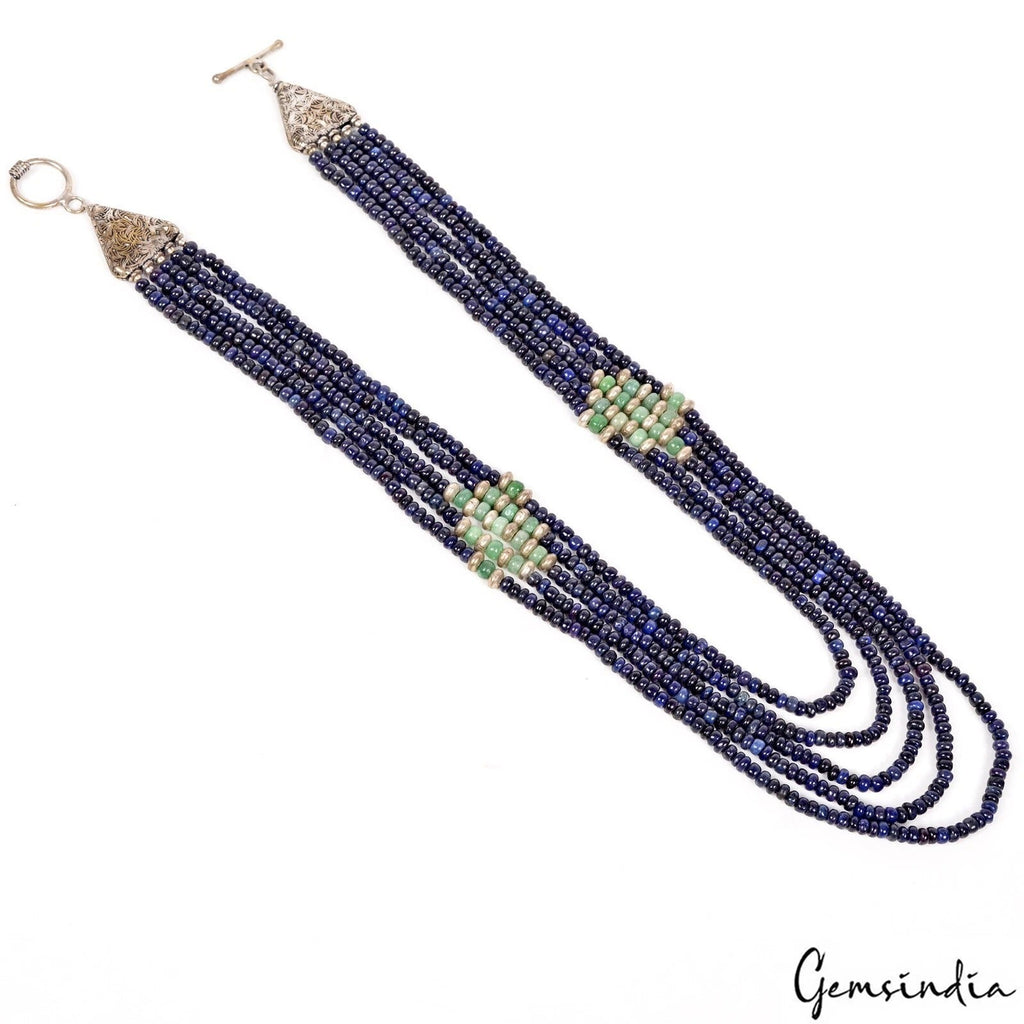 Natural Blue Sapphire Round Cab Beaded Handmade 5 Strand Designer Necklace 500Ct