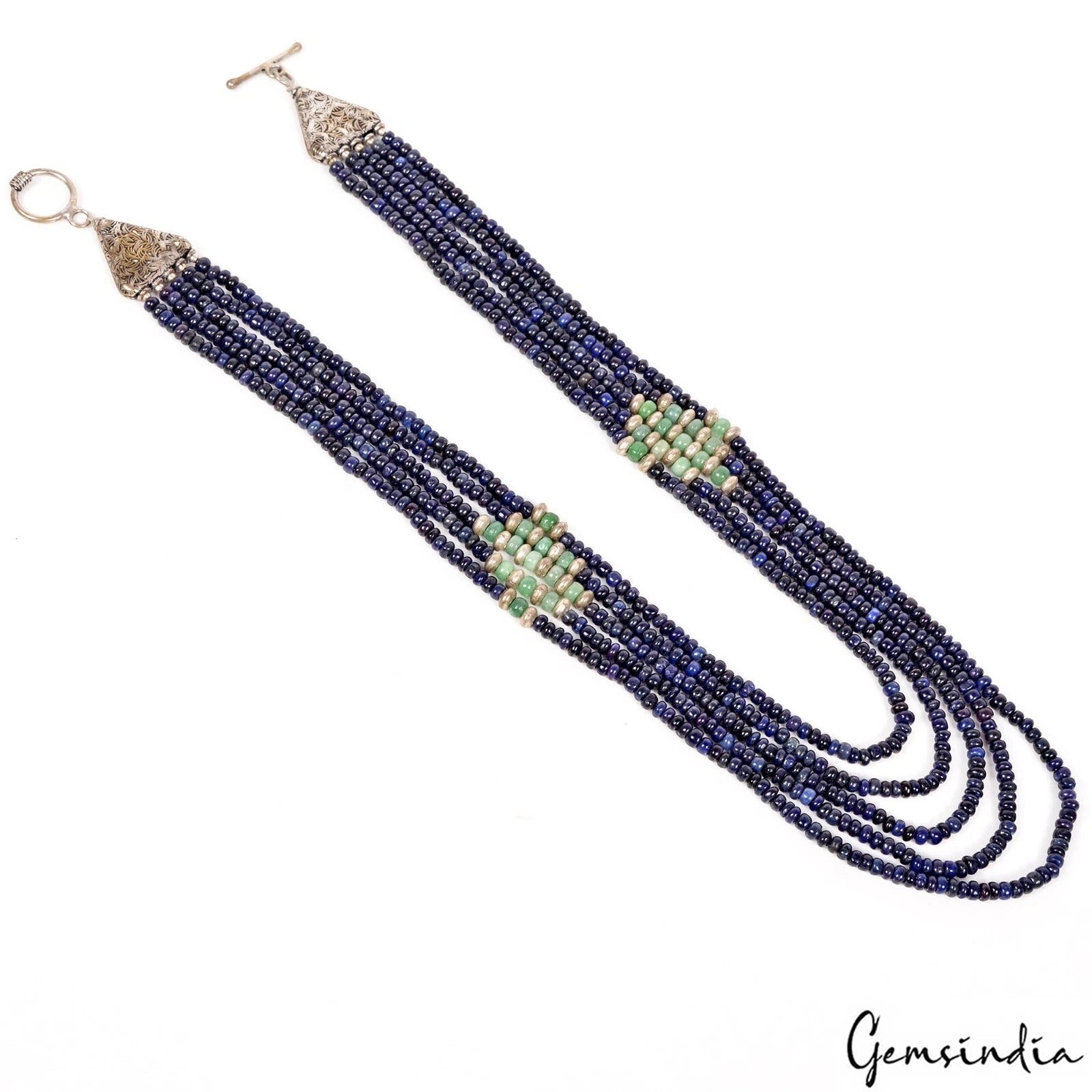 Natural Blue Sapphire Round Cab Beaded Handmade 5 Strand Designer Necklace 500Ct