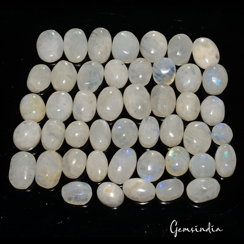 46 Pcs Natural Rainbow Moonstone 8-16mm Oval Shape Blue Shines Cab Gemstones Lot