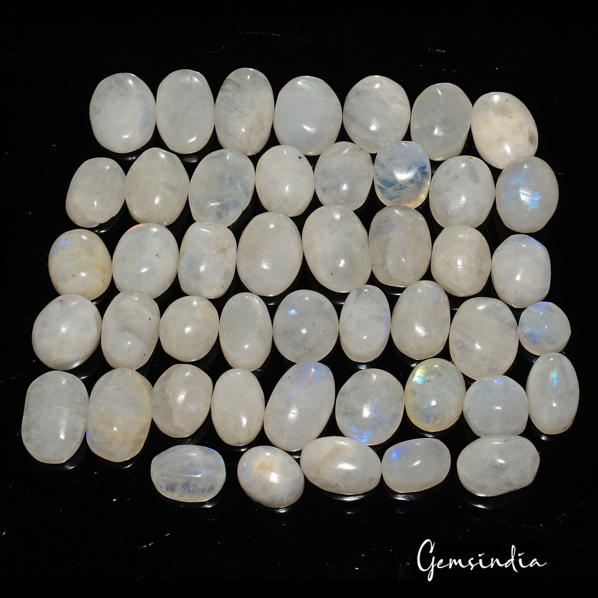 46 Pcs Natural Rainbow Moonstone 8-16mm Oval Shape Blue Shines Cab Gemstones Lot