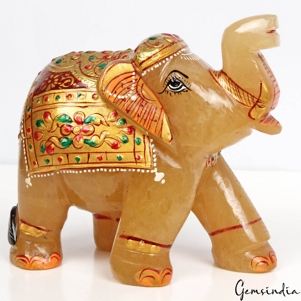 3080 Ct Hand Crafted Gold Painted Trunk Up Elephant Natural Aventurine Sculpture