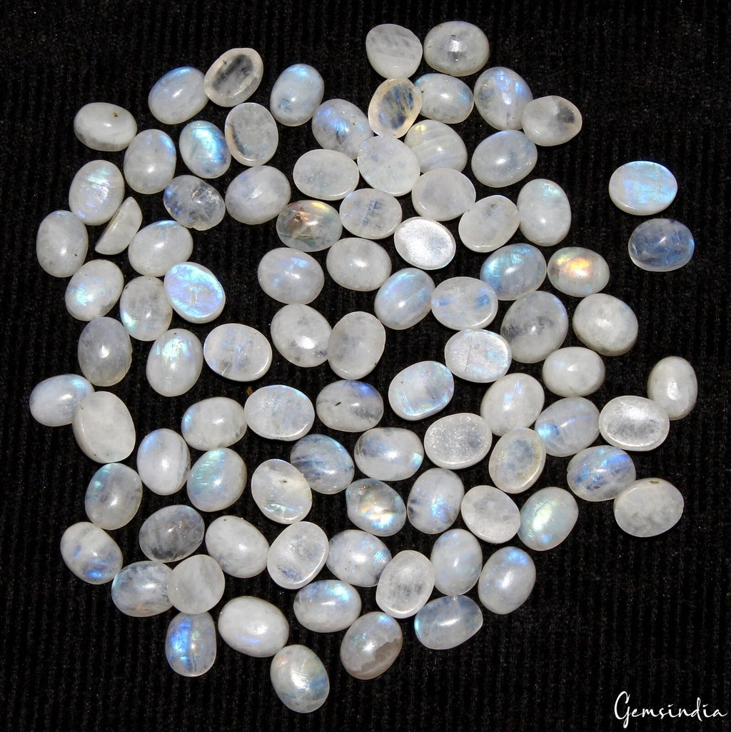 90 Pcs Natural Rainbow Moonstone Cabochon Blue Flashy Oval Gemstones 269.50 Cts