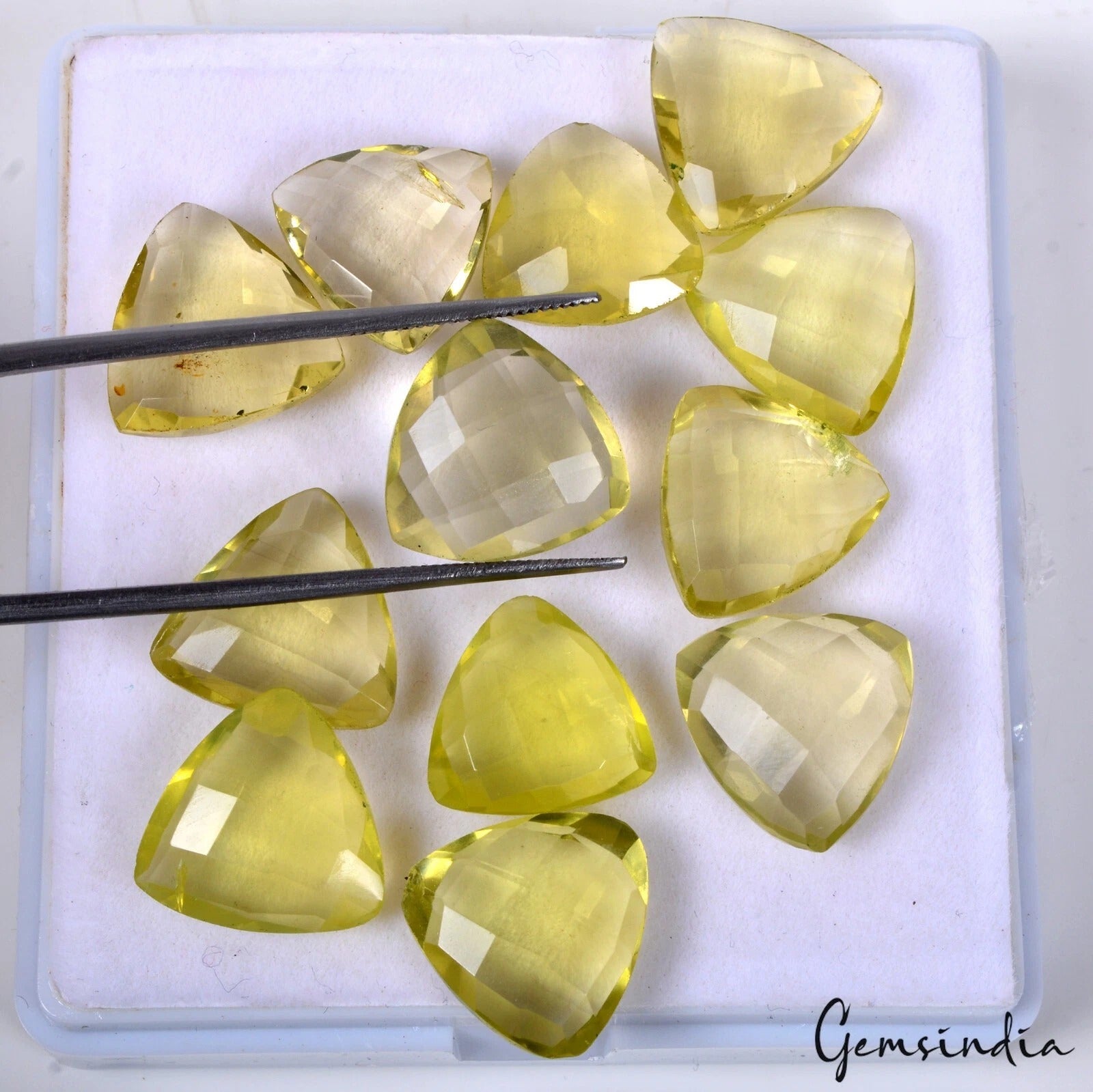 Lemon Quartz Lot, Loose Gemstone, Trillion Checker Cut, Untreated — 12 Pieces, 13mm to 14mm, 72.60 Ct, Brazil