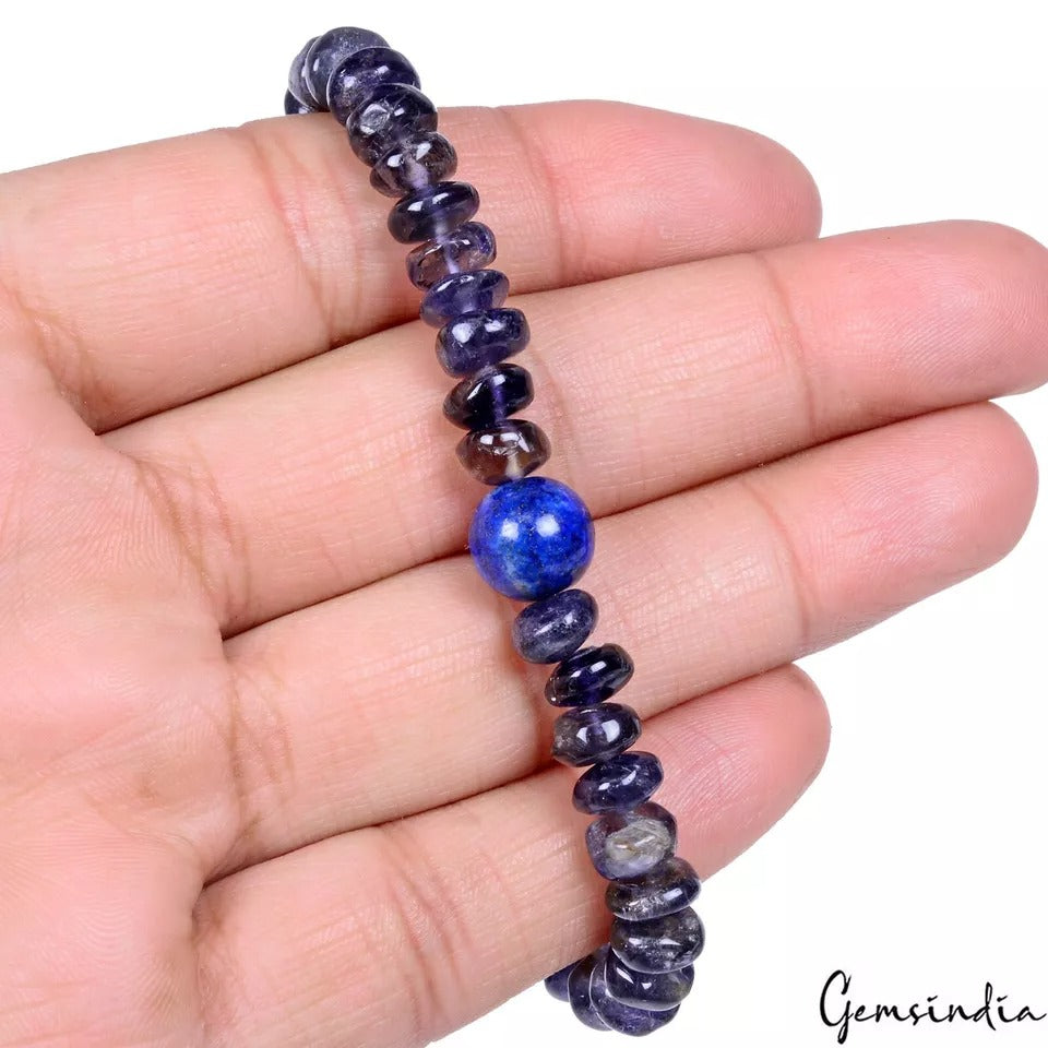 70.60 Ct Natural Blue Untreated Iolite Lapis Round Beaded Handmade Bracelet 6.5"