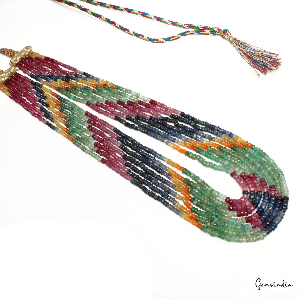 7 Strands Untreated Ruby Emerald Sapphire Beaded Designer AAA Necklace 350 Cts