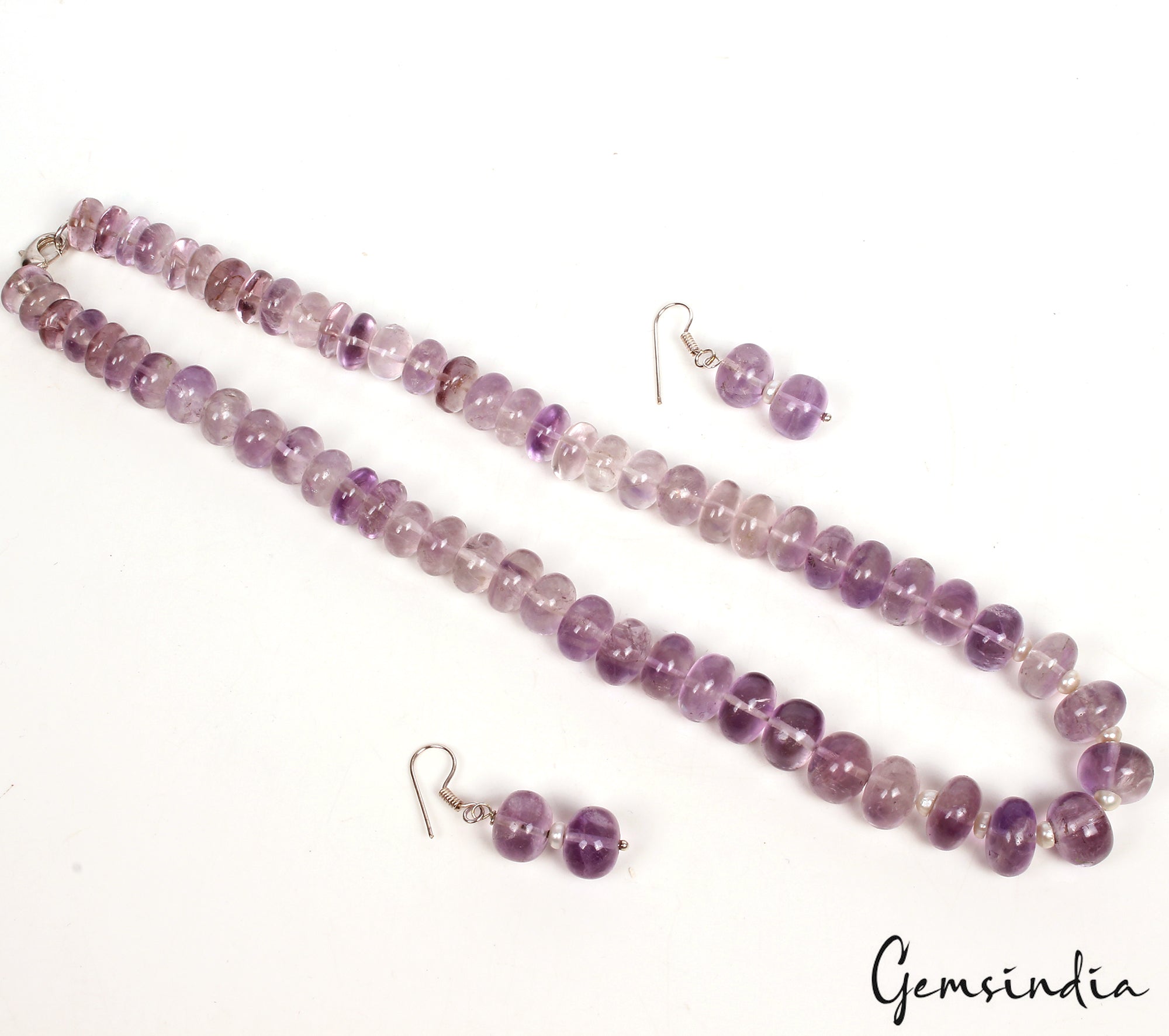 595.50 Ct Pearl & Purple Amethyst Round Beaded Handmade 19" Necklace & Earrings