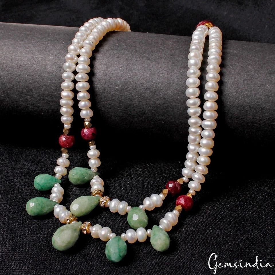 22 Inch Pearl Emerald Ruby Gemstones Beaded Handmade Designer Necklace for Women
