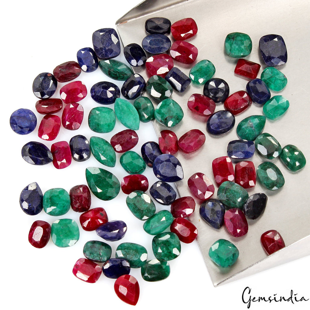 165.70 Ct/80 Pc Natural Ruby Emerald Sapphire Mux Cut 7-12mm Multi Gemstones Lot