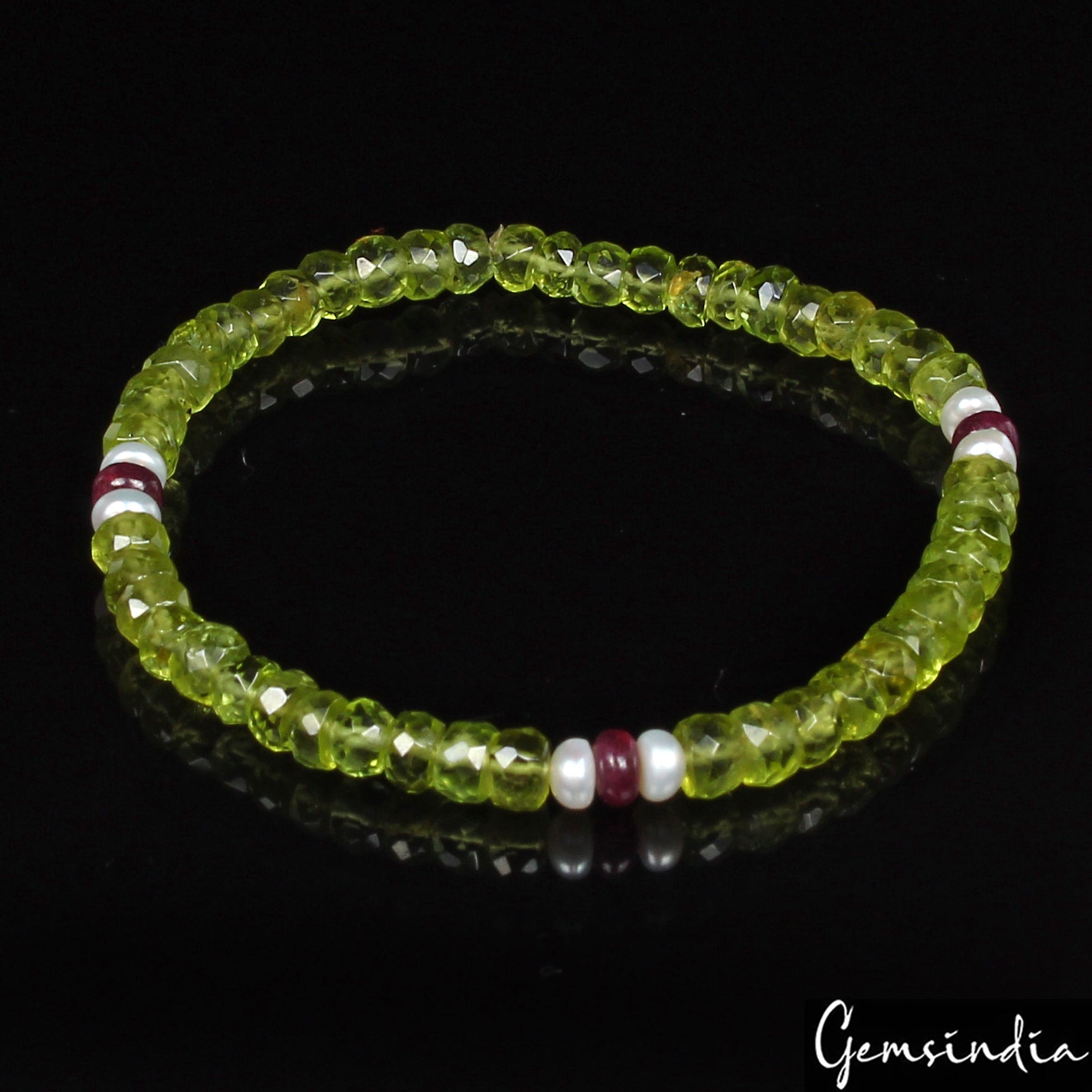 6.5" Natural Peridot Stone Bracelet Green Crystal Stretchable Handmade Bracelet