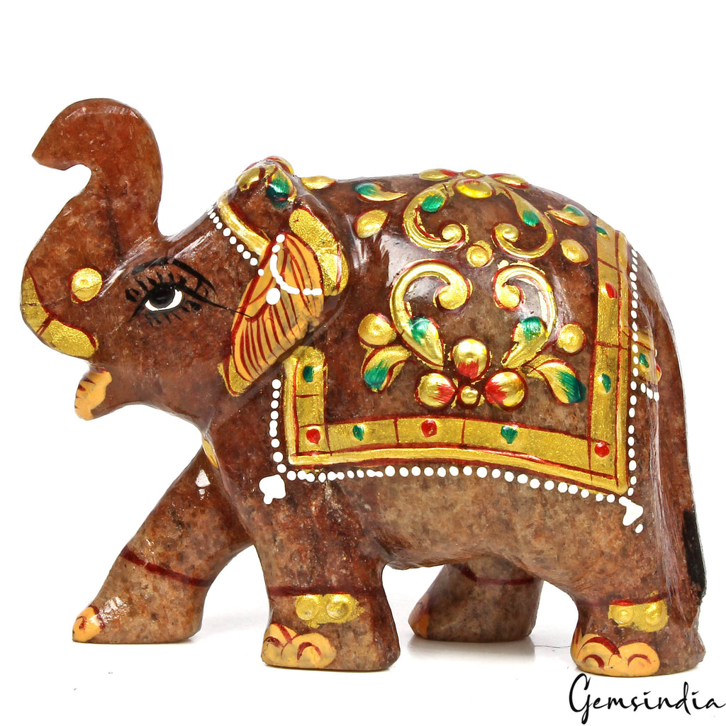 1130 Cts Natural Aventurine Hand Crafted Gold Painted Elephant Sculpture/ Statue