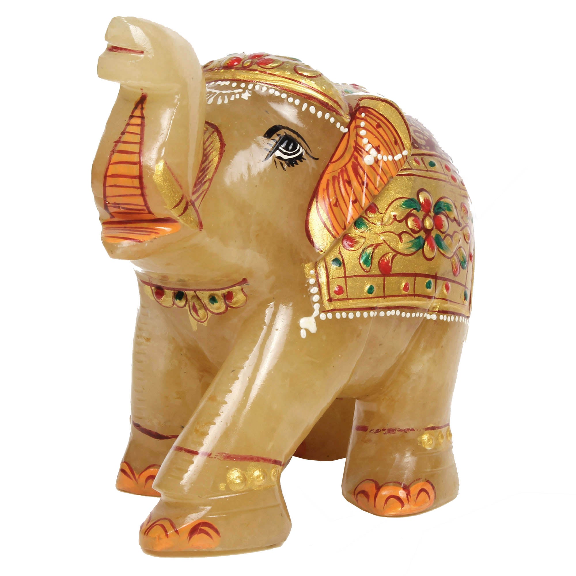 3080 Ct Hand Crafted Gold Painted Trunk Up Elephant Natural Aventurine Sculpture