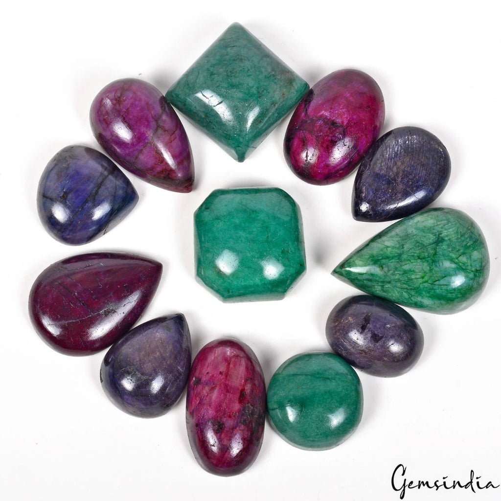 1700 Ct/12 Pcs Natural Multi Color Ruby Emerald Sapphire Mix Cab Wholesale Gems