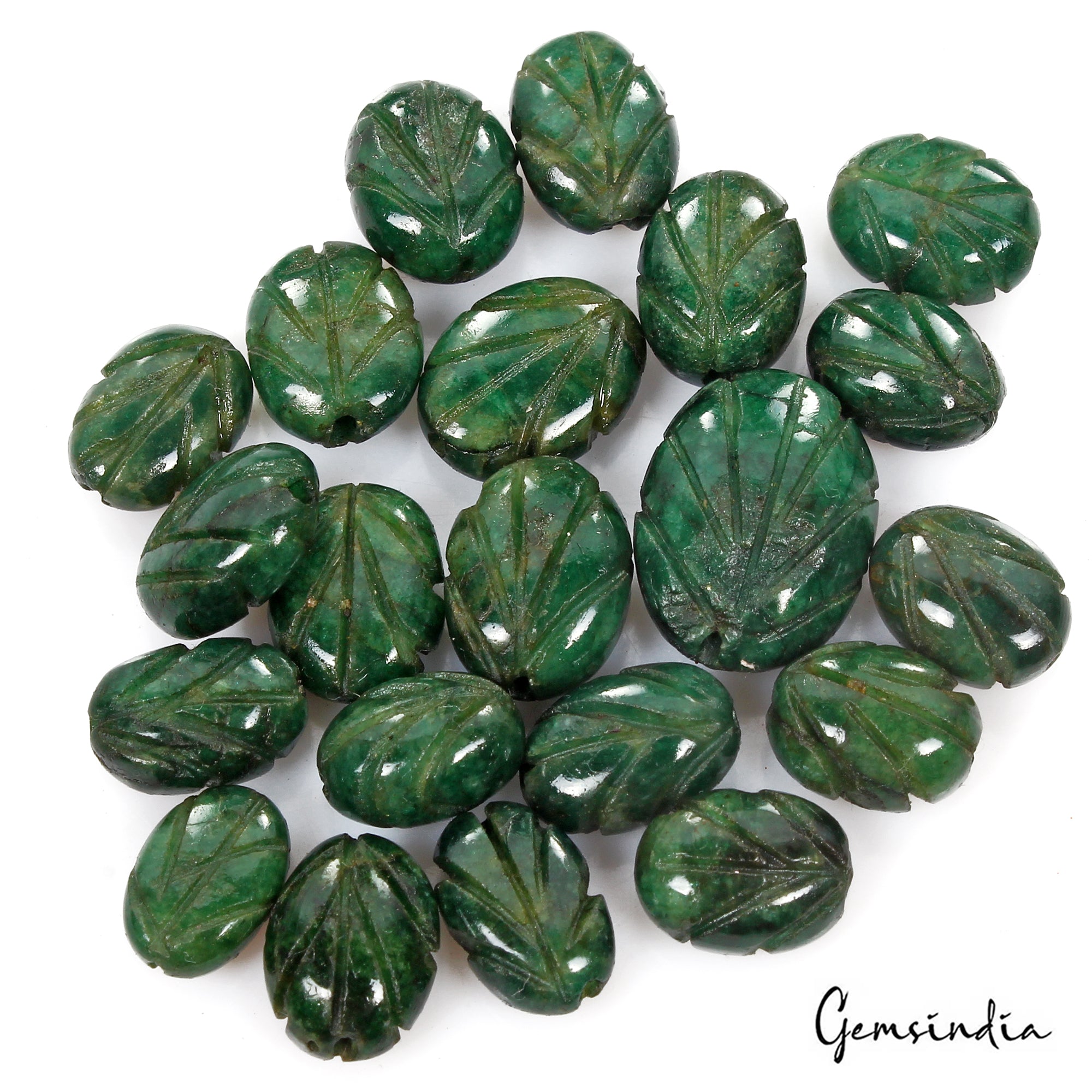 116.50 Ct/21 Pcs Natural Brazilian Dark Green Emerald Oval Carved Drill Bead Gem