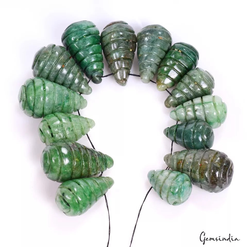 440 Cts/14 Pcs Natural Brazilian Green Emerald Pear Drill Carved Bead/Briolettes