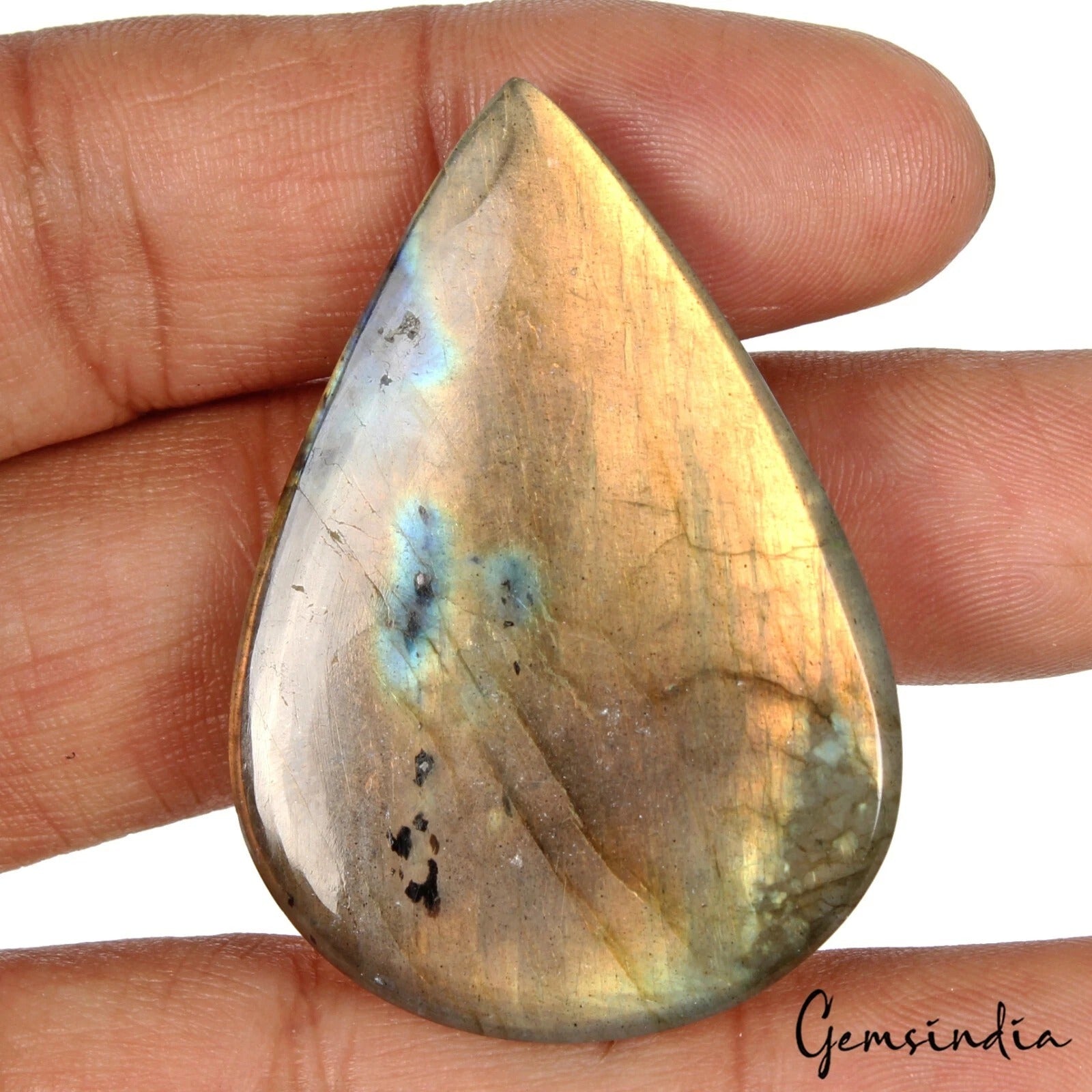 100 Cts Natural Untreated Golden Blue Shine Labradorite Pear Cab Gem For Jewelry