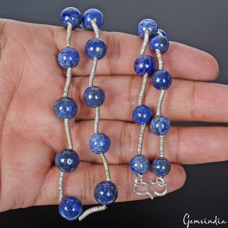 197.10 Ct Natural Blue Lapis Lazuli Round Cab Beaded Single Strand Necklace 20in