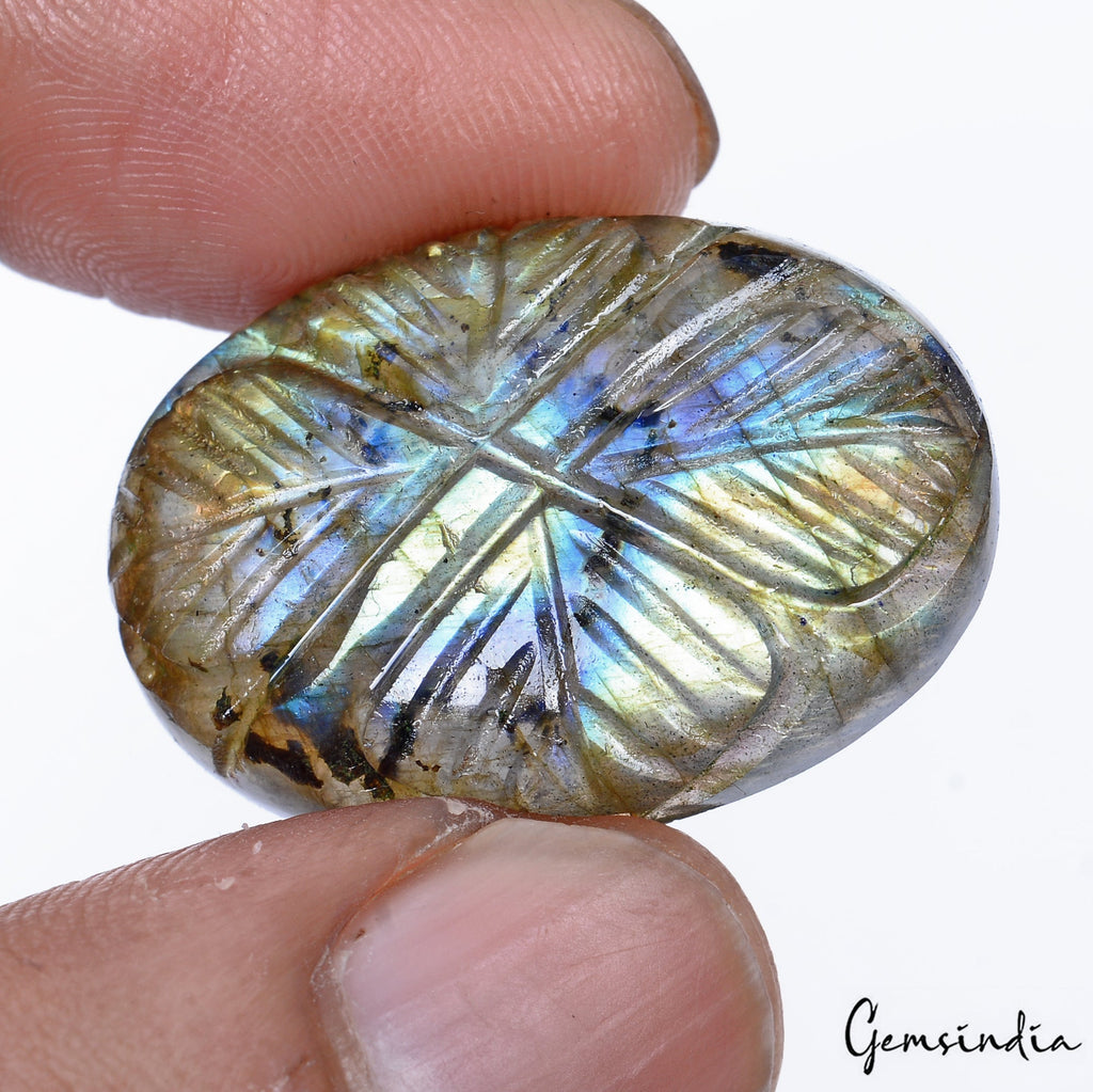 Certified 42.90 Cts Natural Multi Color Shine Labradorite Oval Carved Loose Gem