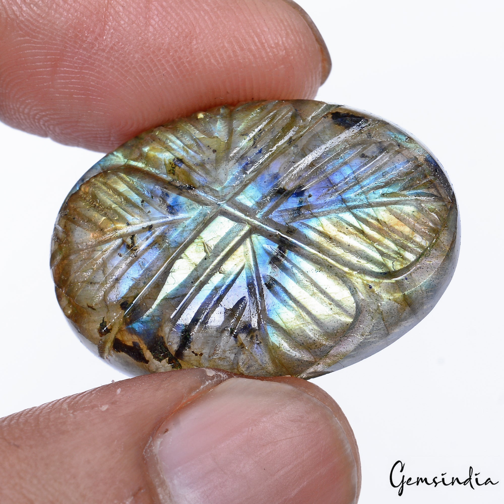 Certified 42.90 Cts Natural Multi Color Shine Labradorite Oval Carved Loose Gem