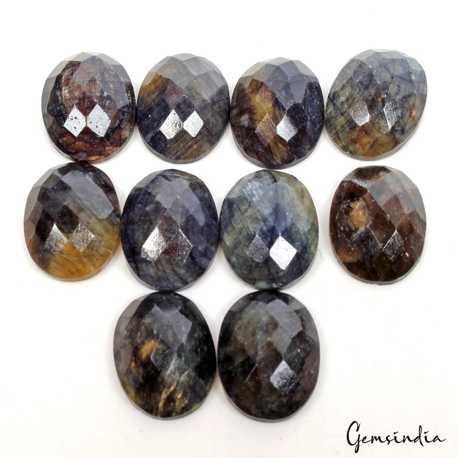 Sapphire Lot, Loose Gemstone, Oval Checker Cut w/ Flat back, Color Enhanced — 10 Pieces, 15x11mm, 104.80 Ct, Madagascar