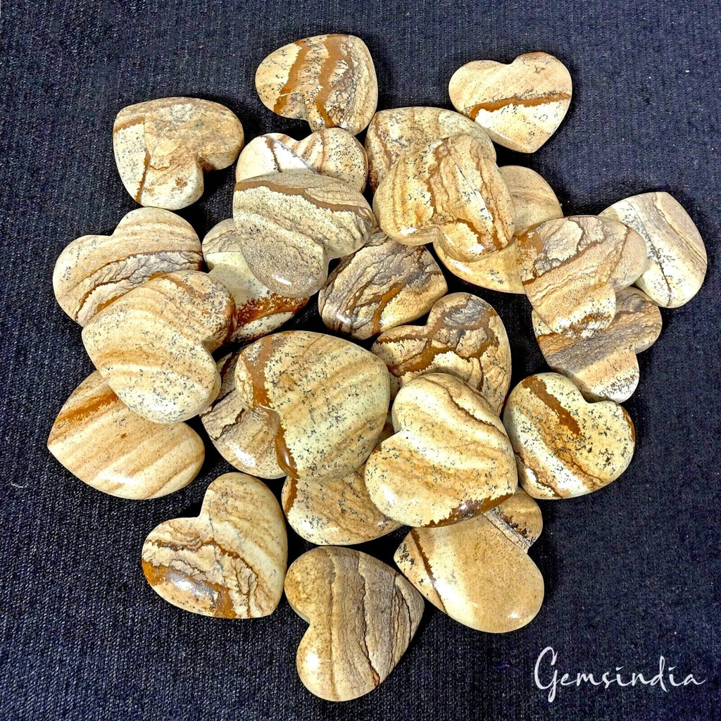 1400 Cts/25 Pcs Natural Untreated Picture Jasper Heart Shape Cab Wholesale Gems