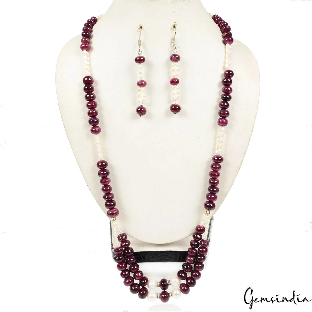 730 Cts Natural Red Ruby Freshwater Pearl Round Cab Beaded Handmade Jewelry Set