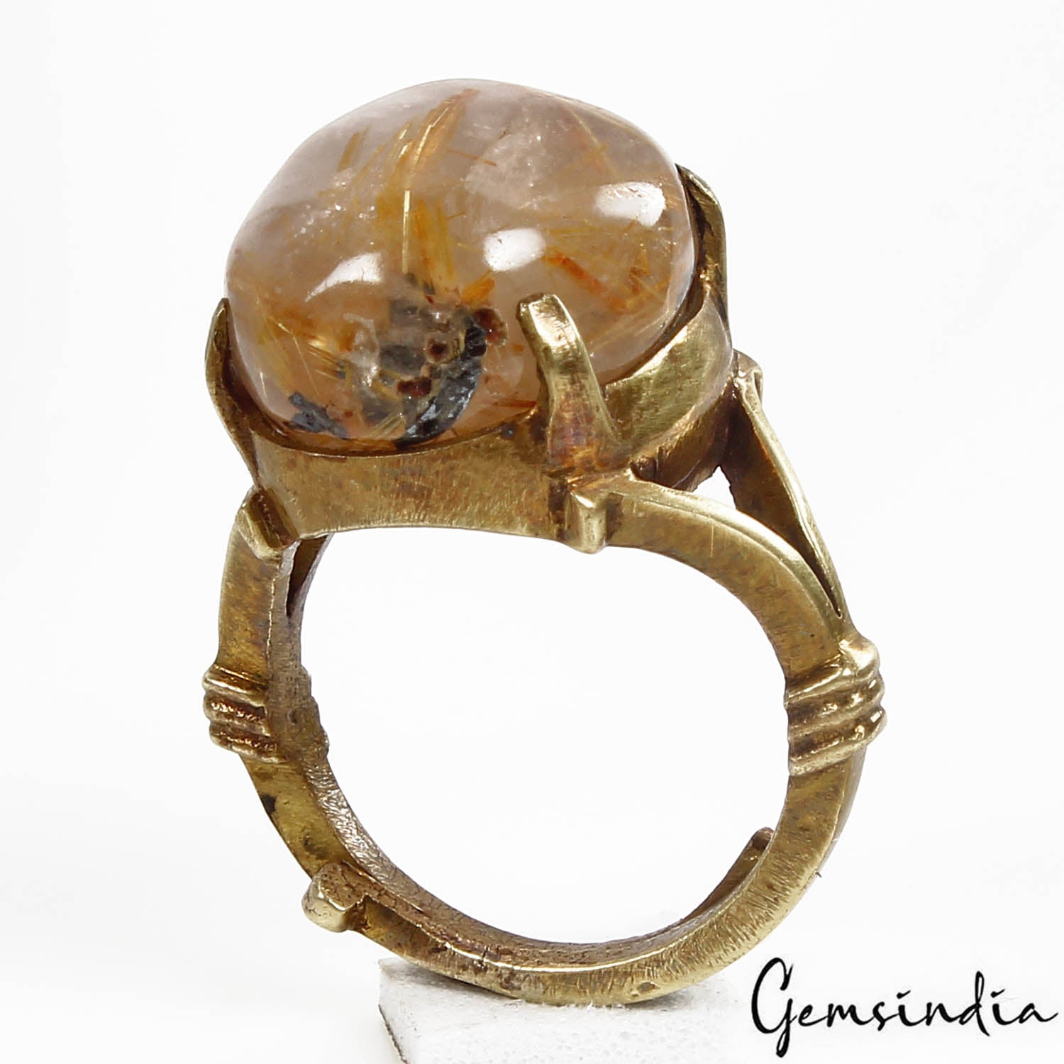 8.90 gm Golden Wire Rutile Oval Cab Gem Ashtadhatu Astrological Adjustable Ring