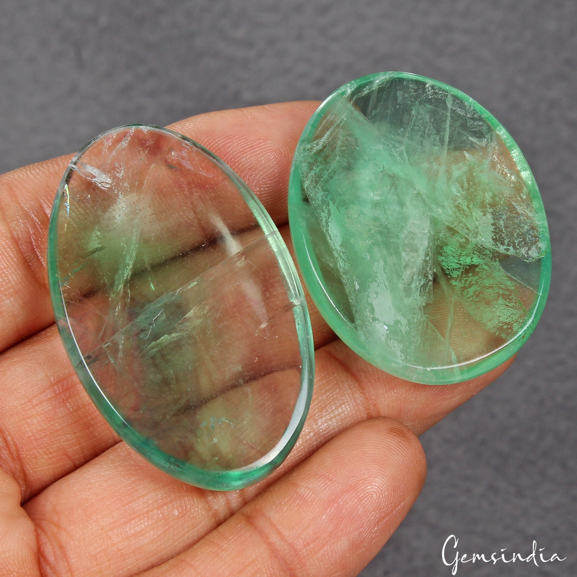 2 Pcs Natural Fluorite Oval Cabochon Loose Bi-color 41-48mm Gemstones ~ 267.80Ct