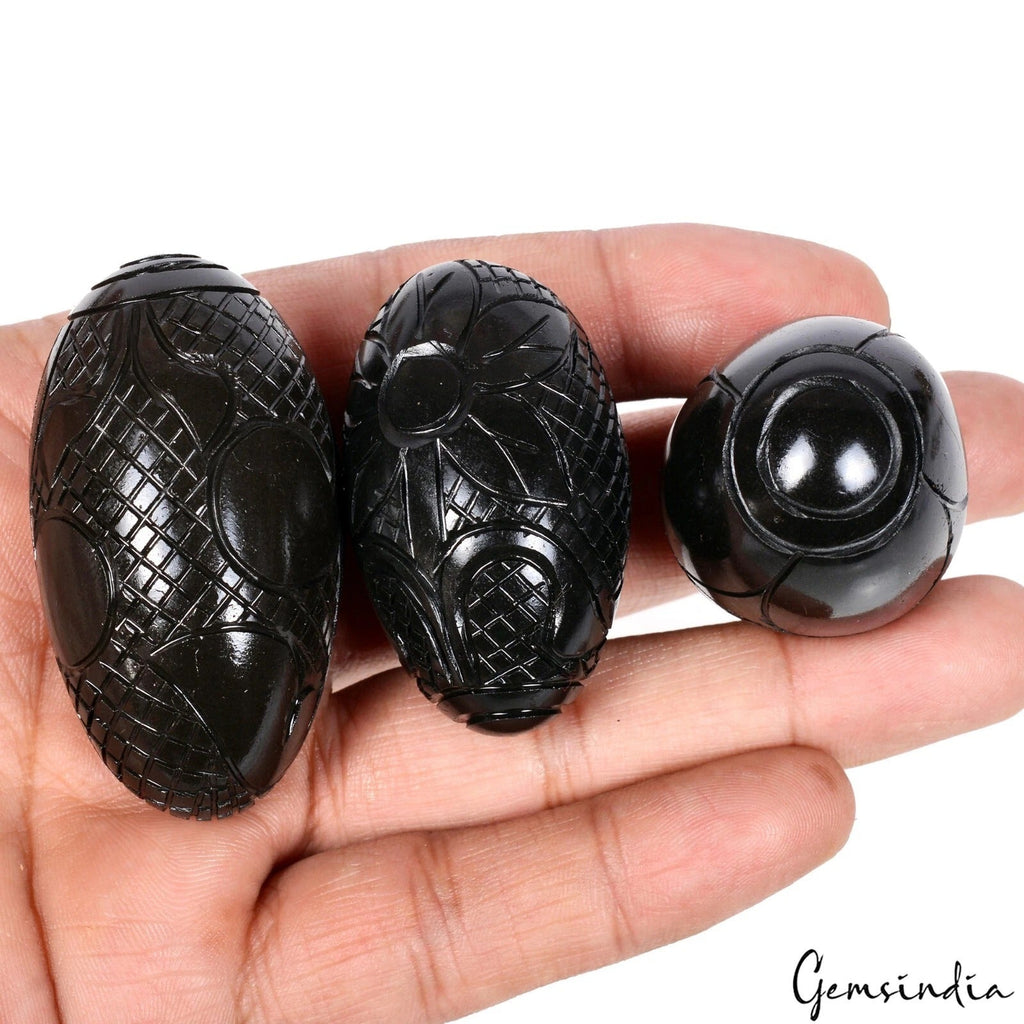 850 Ct Black Onyx Agate Carved Crystal Egg Oval Shape Reiki Healing Gemstones 3P