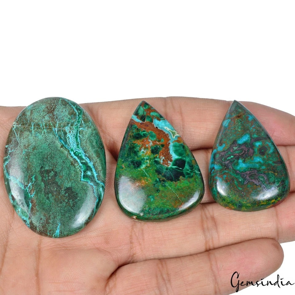 236 Ct/3 Pc Natural Artistic Green Chrysocolla Oval Pear Cab Loose Gemstones Lot
