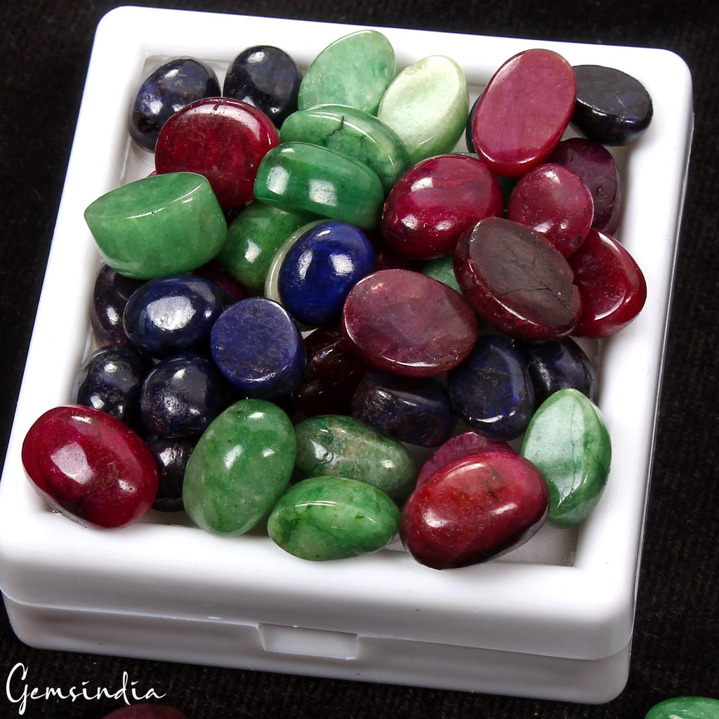 Certified 300 Ct Natural Ruby Emerald Sapphire Oval Cabochon Loose Gemstones Lot