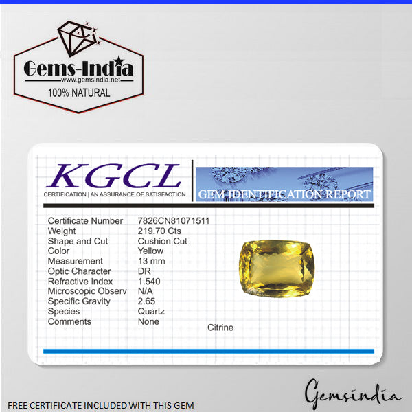 219.70 Cts Natural Untreated Brazilian Yellow Citrine Cushion Huge Certified Gem