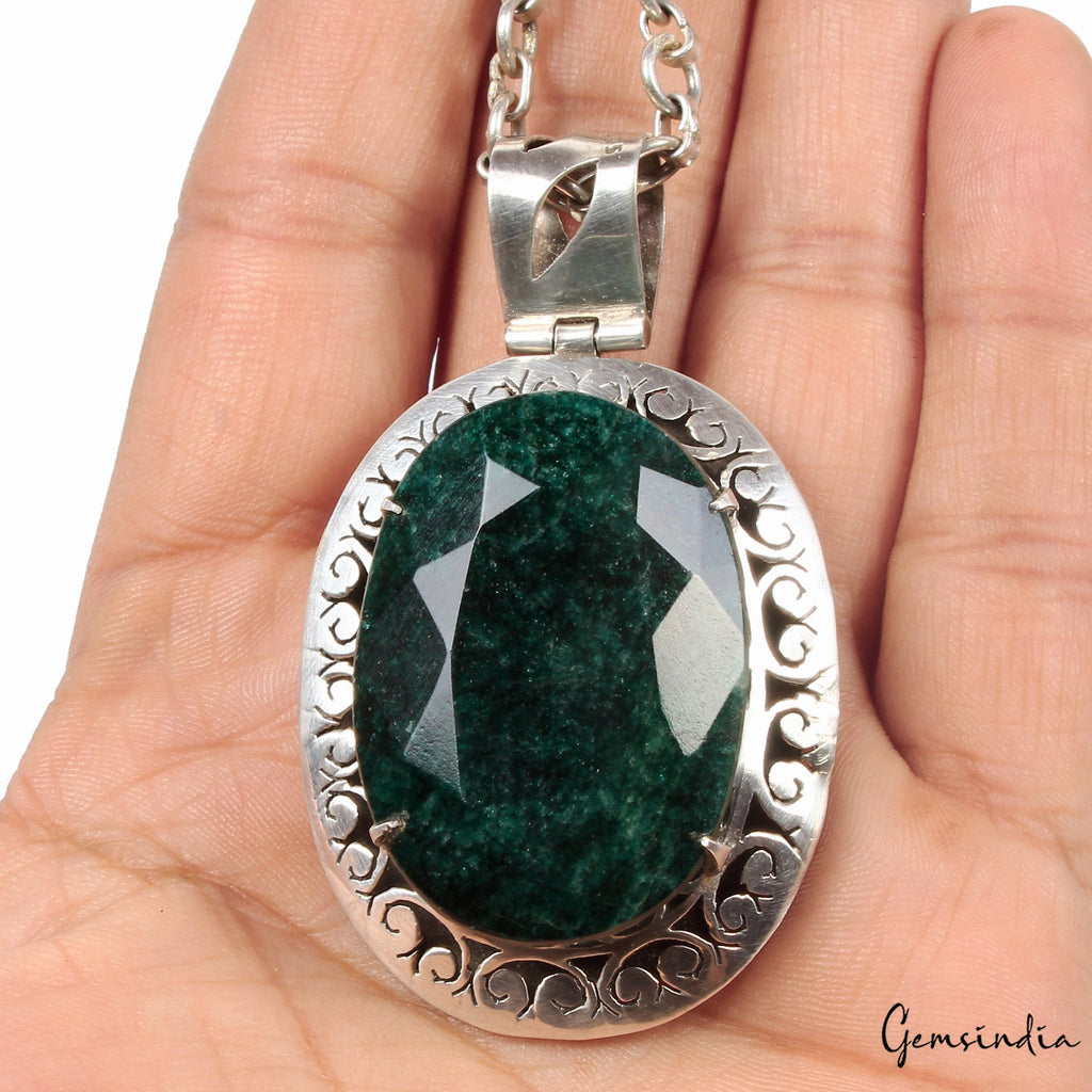 38.87 Gms Certified Natural Emerald Huge 925 Sterling Silver Exquisite Pendant