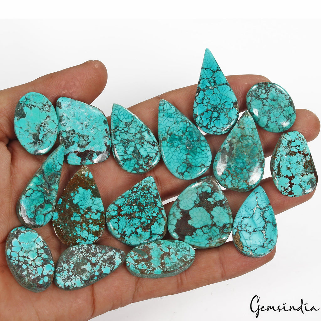 490 Cts/16 Pcs Natural Green Arizona USA Spiderweb Turquoise Pear Cab Loose Gems
