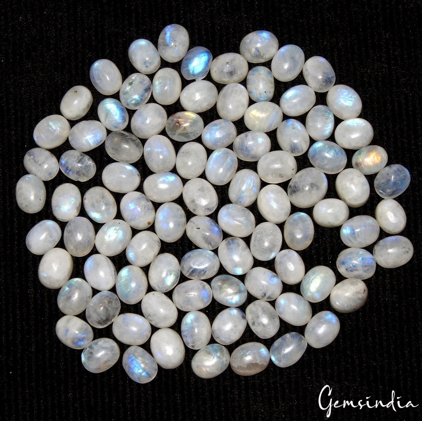 90 Pcs Natural Rainbow Moonstone Cabochon Blue Flashy Oval Gemstones 269.50 Cts