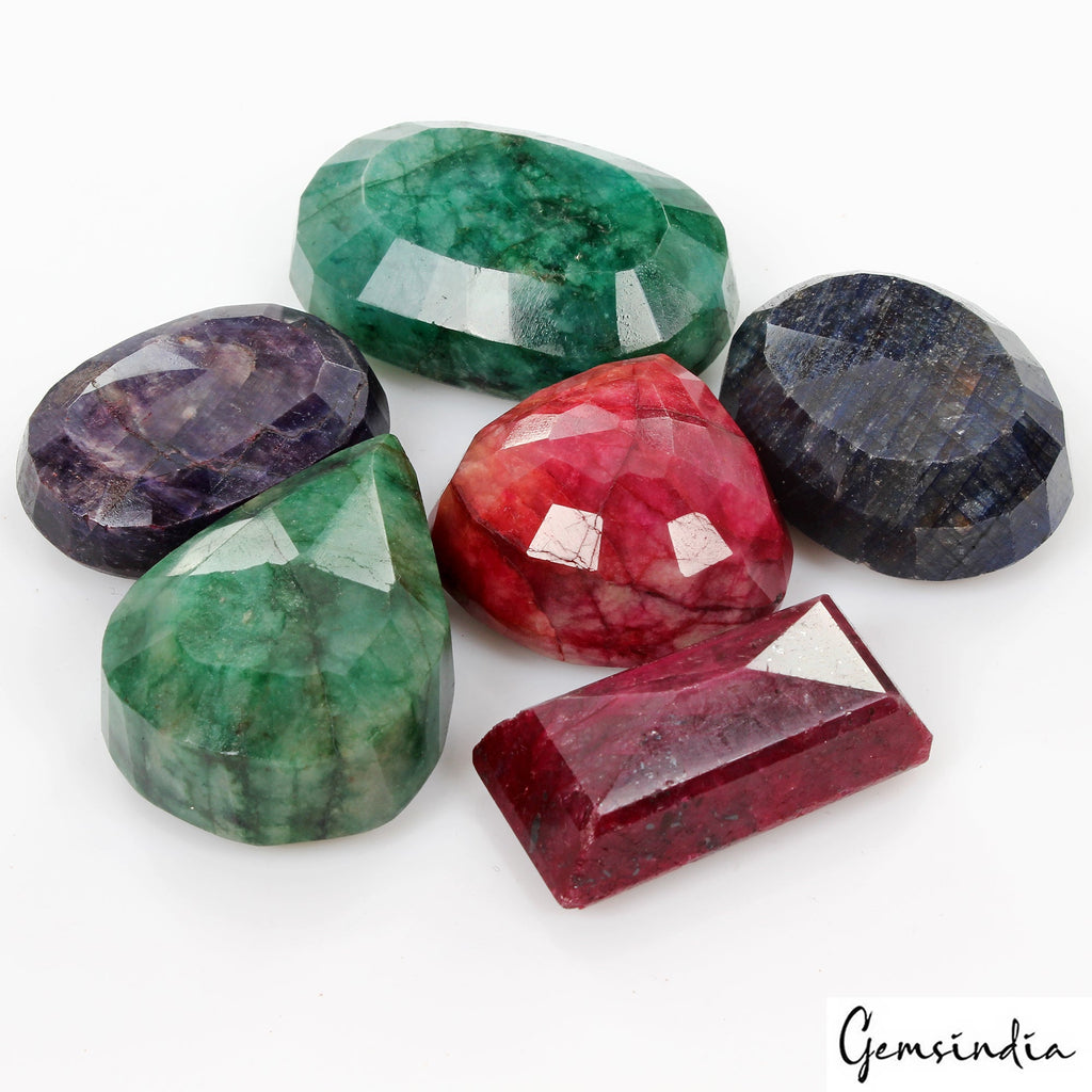 1020 Ct/6 Pcs Natural Multi Color Emerald Ruby Sapphire Mixed Cut Loose Gems Lot