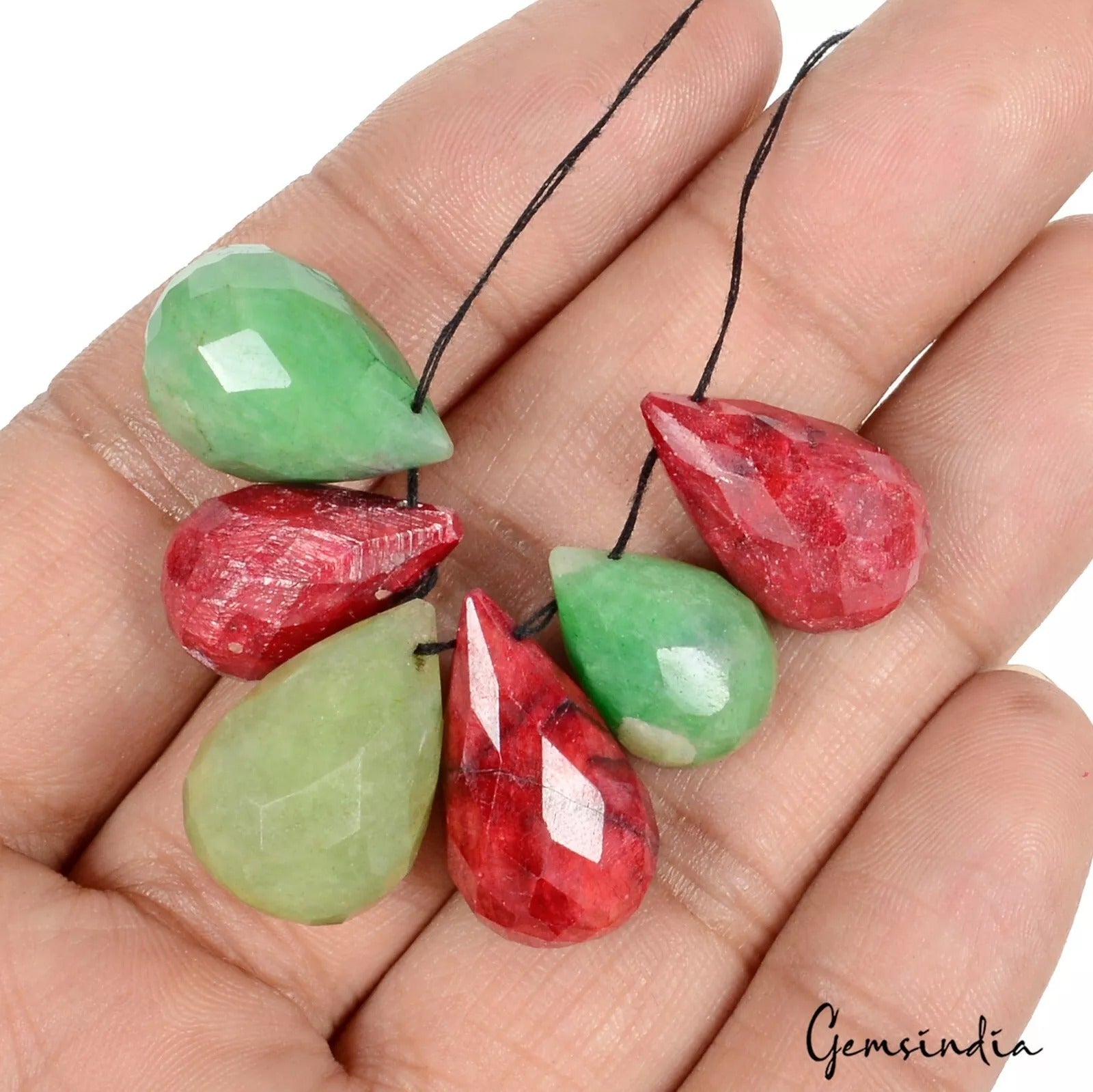 145 Ct/6Pcs Natural Green Emerald Red Ruby Pear Beads/Briolette Gems For Jewelry
