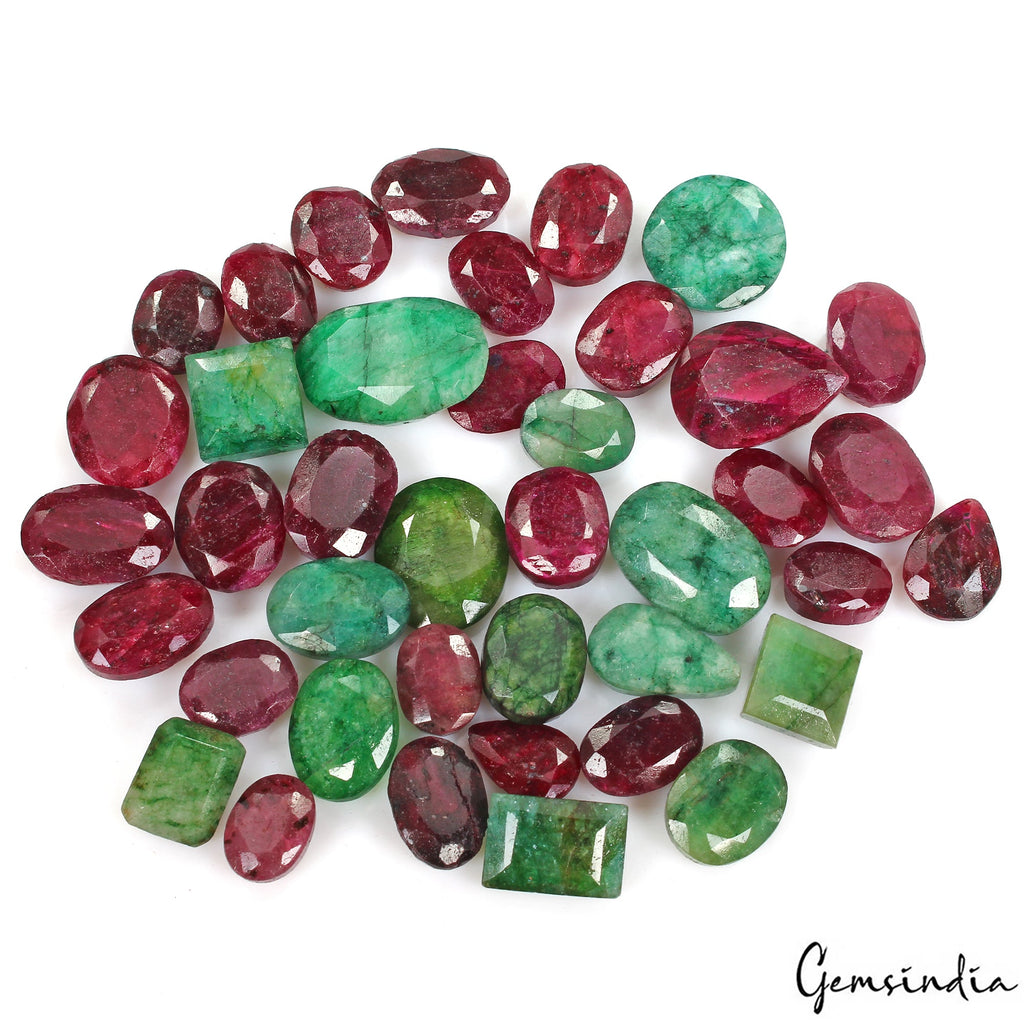 550 Cts/38 Pcs Natural Green Emerald Red Ruby Mixed Cut Loose Wholesale Gems Lot