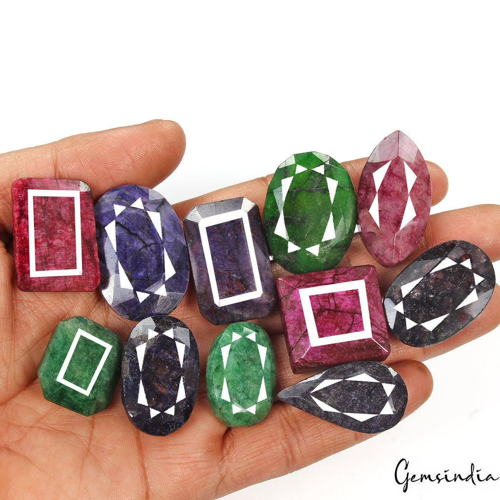 820 Cts/11 Pcs Natural Multi Color Emerald Red Beryl Sapphire Mix Cut Loose Gems