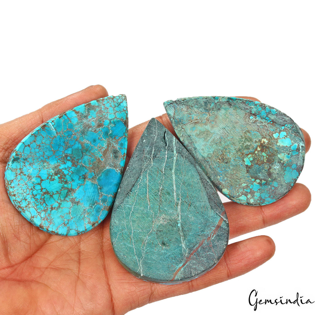 900 Cts/3 Pcs Natural USA Arizona Spiderweb Blue Turquoise Pear Cab Loose Gems