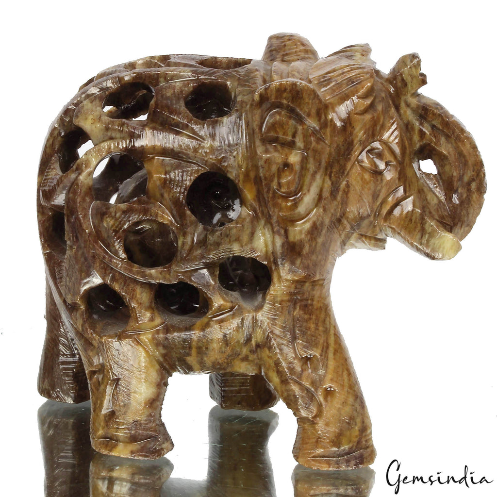 1430 Ct Soapstone Carved Elephant - Baby Inside Mother's Tummy Sculpture/Statue
