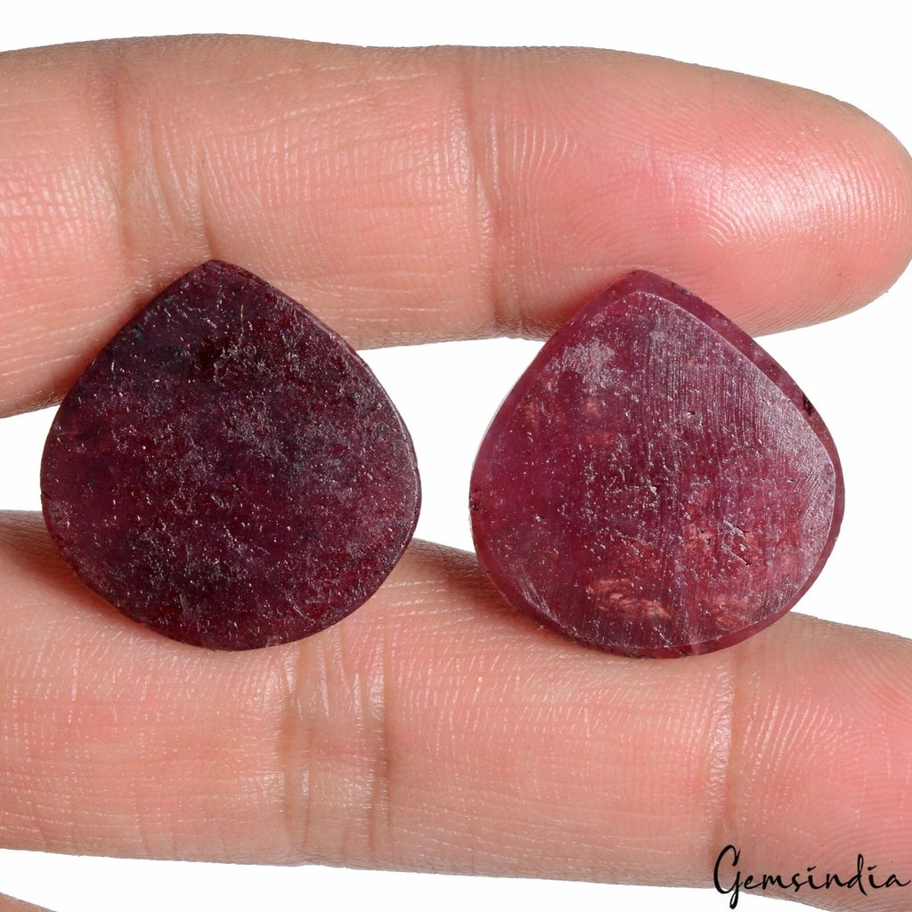 2 Pcs Natural Red Ruby Pear Checker Cut 23x22mm Loose Gemstones w/Flat Back