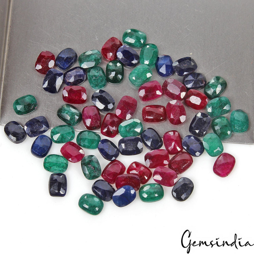 101.30 Ct Natural Ruby, Emerald, Sapphire 8x6mm Cushion Cut Certified Gems~ 60 P