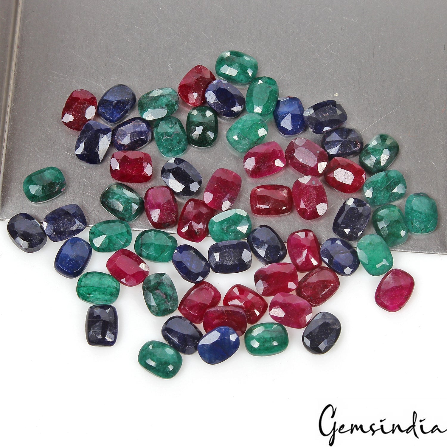 101.30 Ct Natural Ruby, Emerald, Sapphire 8x6mm Cushion Cut Certified Gems~ 60 P