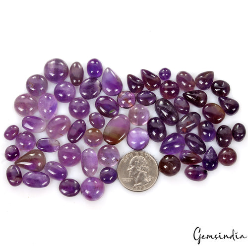 Amethyst Lot, Cabochon, Untreated, Purple — 58 Pieces, 7mm, 380 Ct, Madagascar