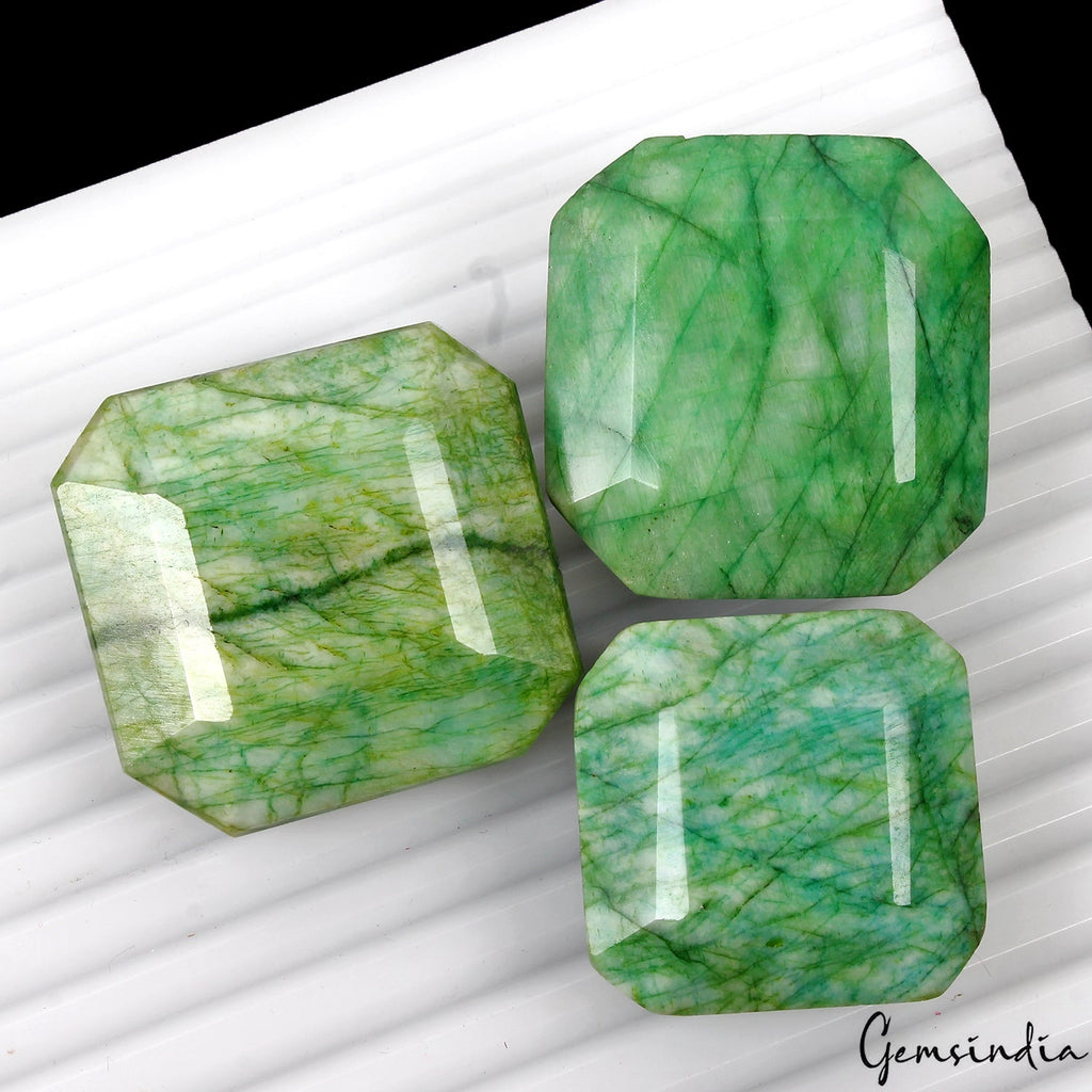 1040 Cts/3 Pcs Natural Untreated Green Emerald Octagon Cut Loose Wholesale Gems