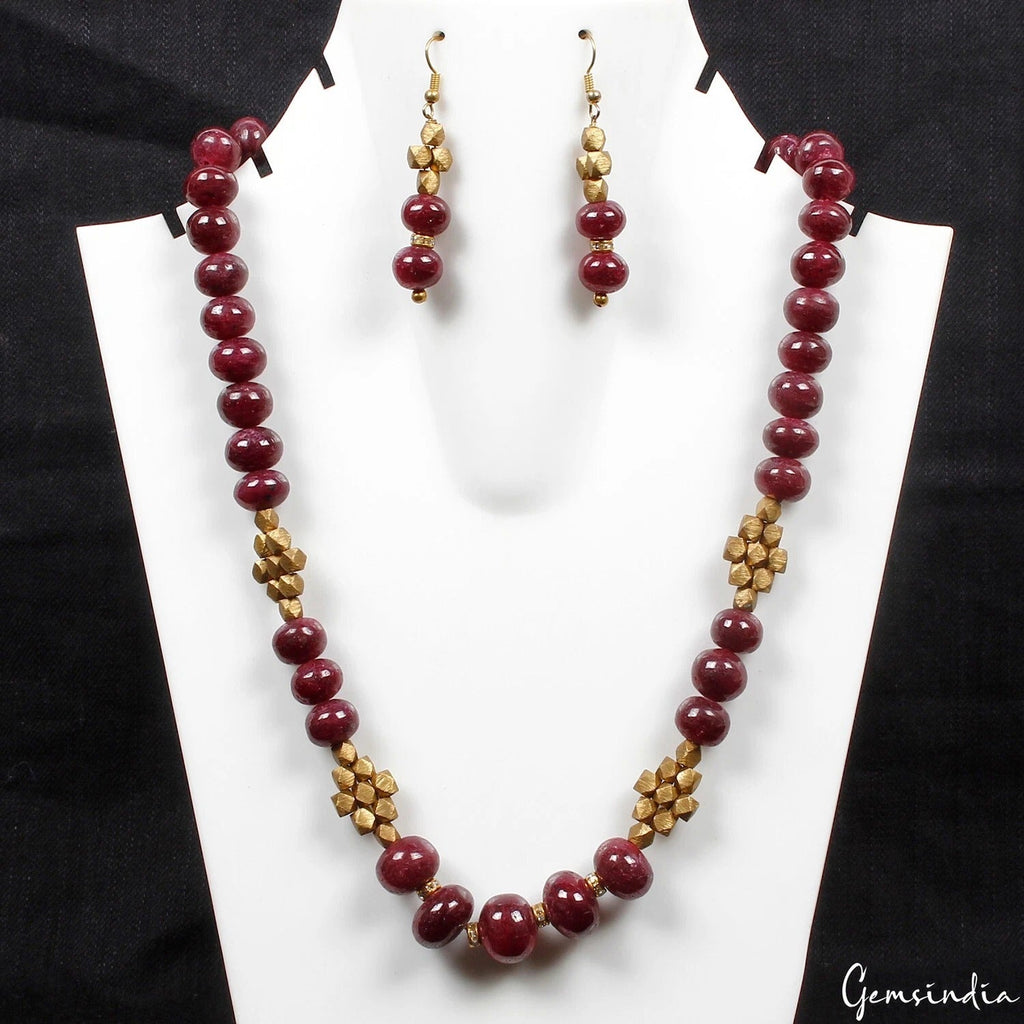 740 Ct Natural Red Ruby Gem Beaded With Golden Accessories Hand Made Jewelry Set