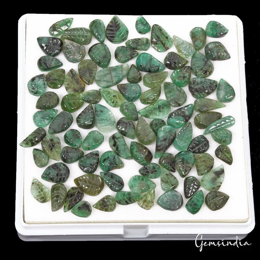 Certified 124.80 Ct/85 Pcs Natural Untreated Green Emerald Leaf Hand Carved Gems